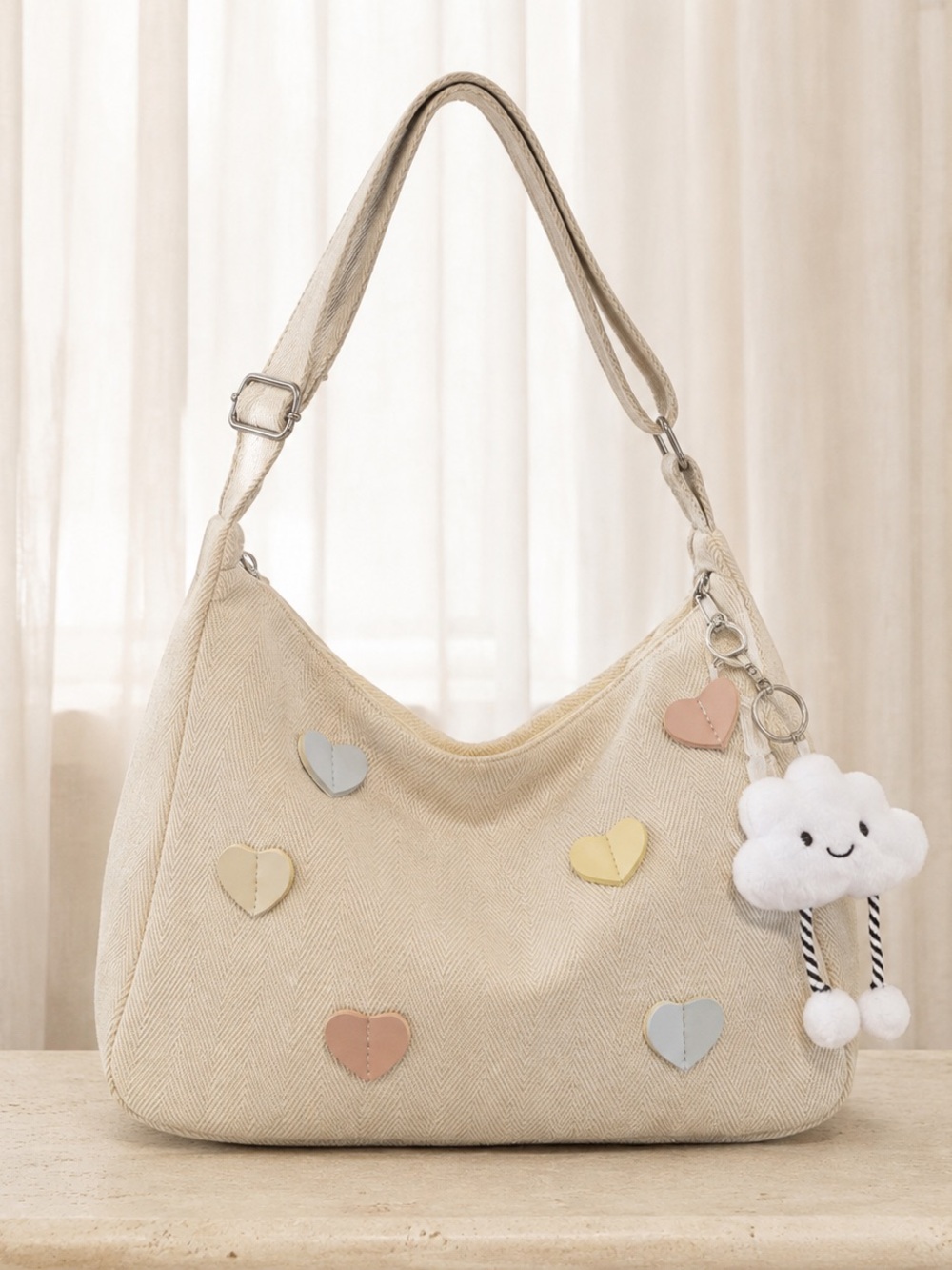 Cream Heart Appliqué Shoulder Bag with Cloud Charm